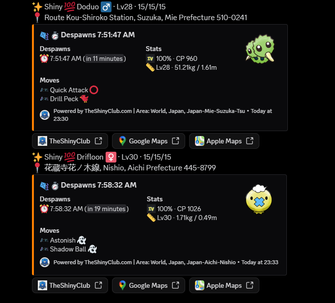 Discord alerts for a shiny 100% Doduo and a shiny 100% Drifloon in Japan