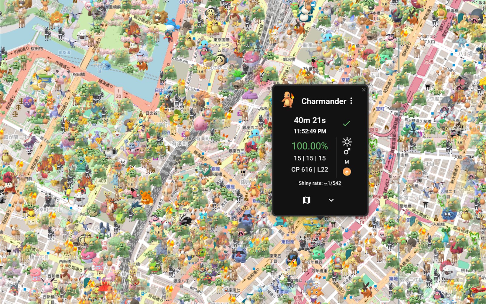 The live map in central Tokyo, packed with Pokémon, showing a 100% IV Charmander